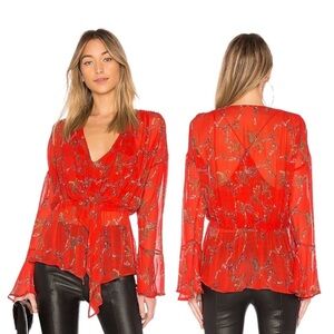 IRO Linette Red Floral Chiffon Blouse Long Bell Sleeve Surplice Deep V-Neck SZ M